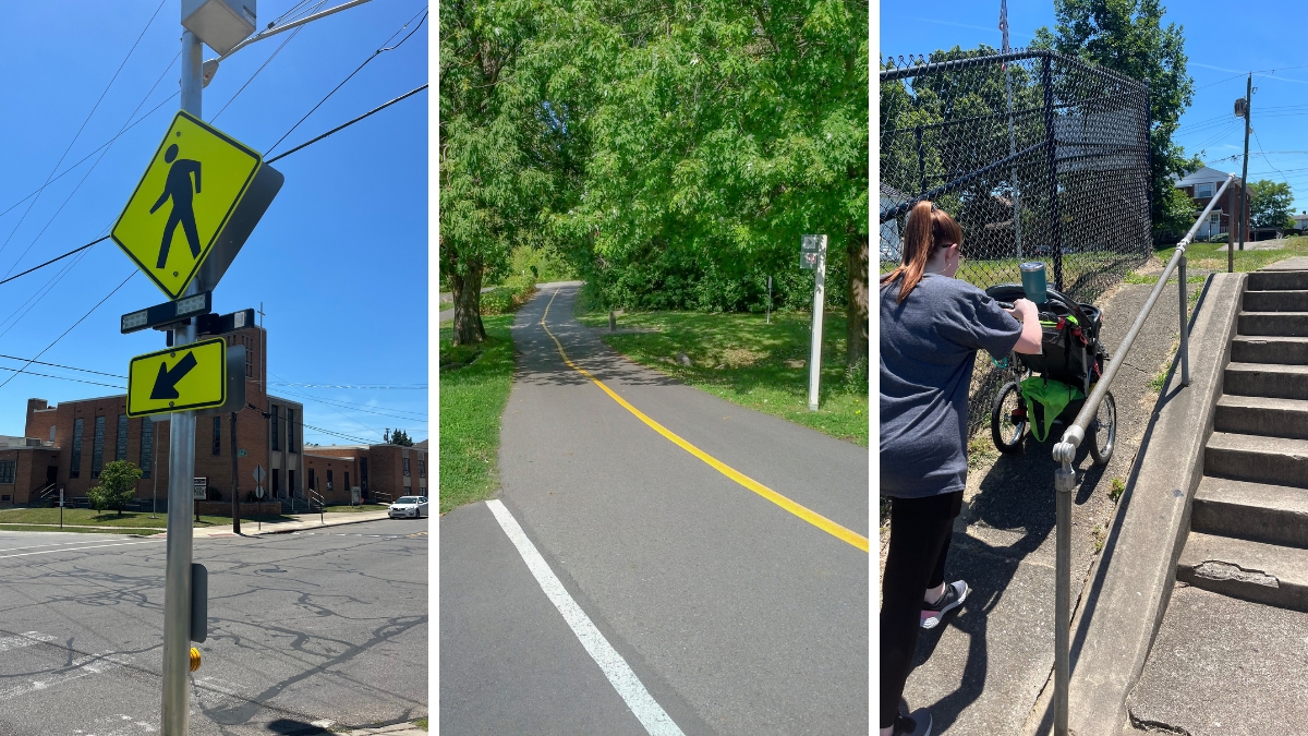 Three images: one of crosswalk sign, one of bike path, one of person pushing a stroller.