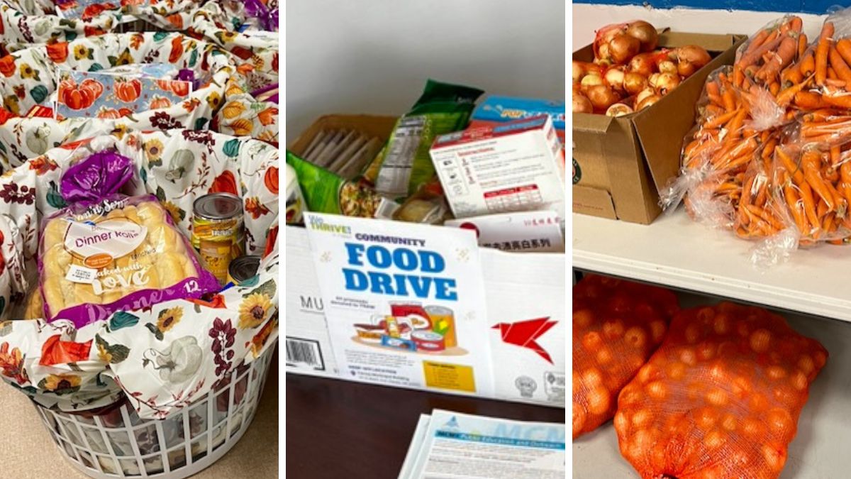 Three photos of collected and donated food.