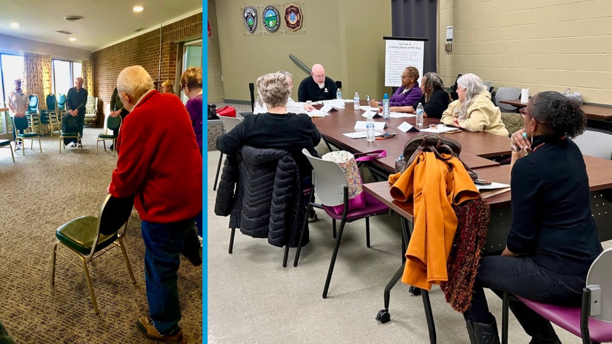 Two photos - one featuring older adults standing with chairs around a circle and the other sitting around a table with an instructor.