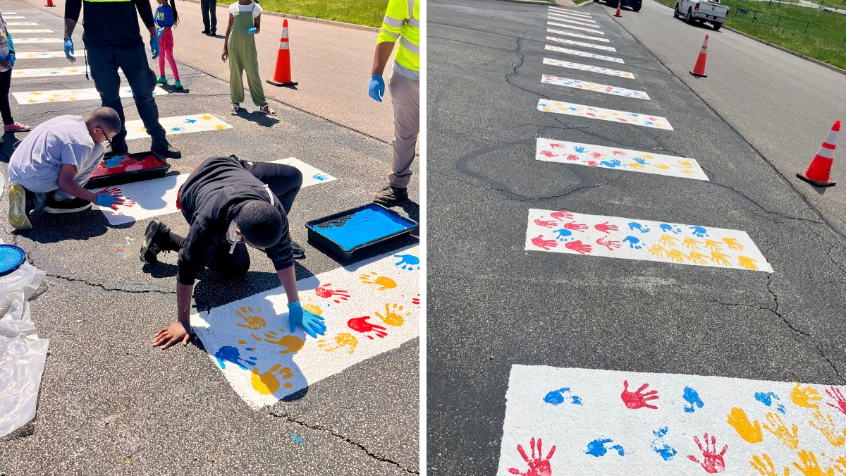Side by side photos: one features children painting their hand prints on a crosswalk; the other is a photo of the completed crosswalk.